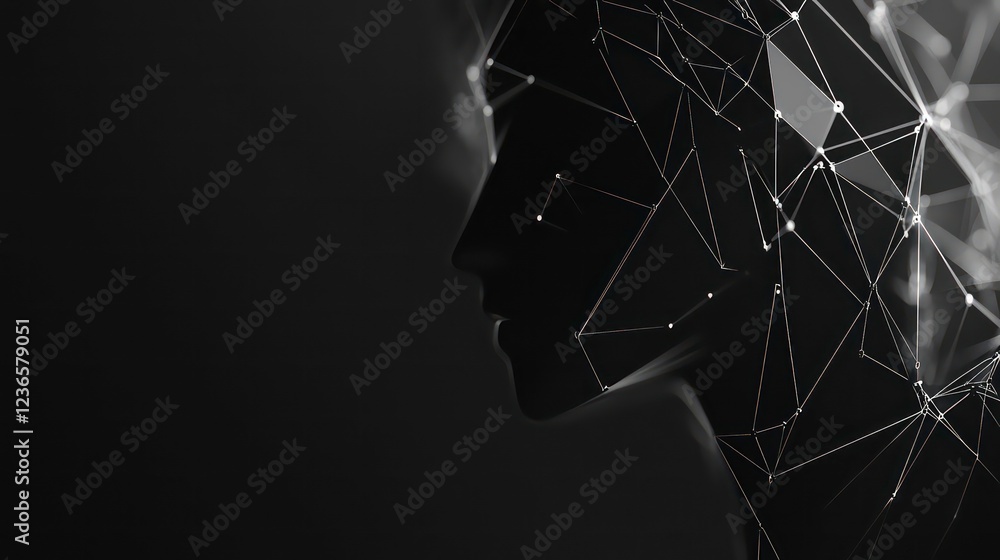Aufkleber abstract profile of a woman's face formed by a network of lines and dots, on a dark background.