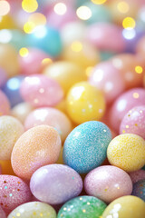 Obraz premium A macro shot captures assorted colorful Easter candies scattered together, showing bright textures and shiny surfaces with soft even lighting that enhances their delightful appearance
