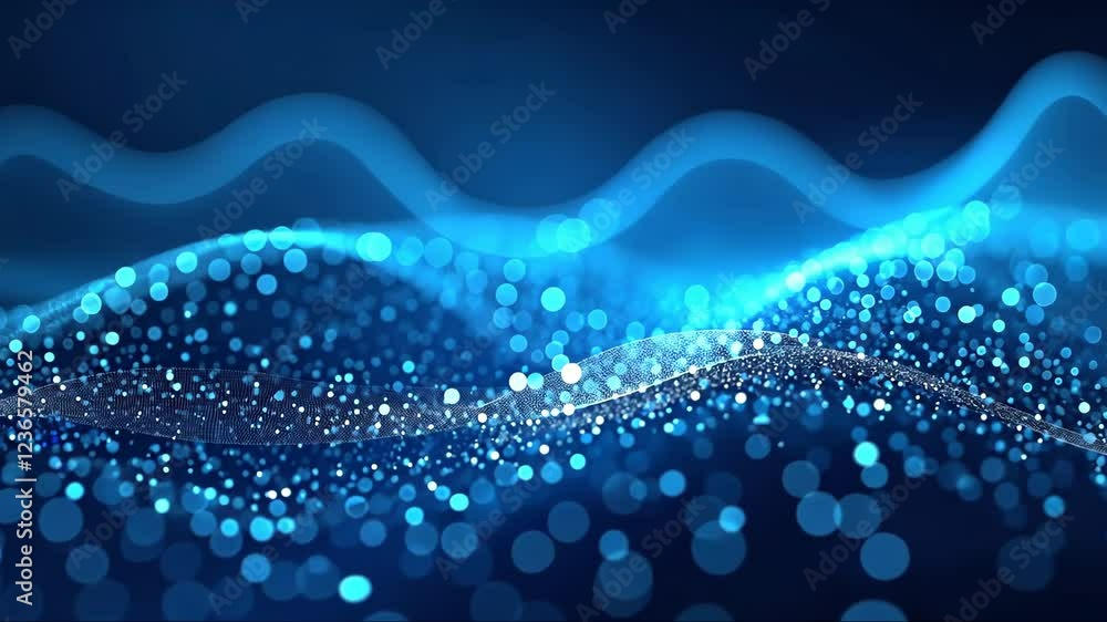 Poster blue wave with many small dots on it. the dots are scattered all over the wave, giving it a dreamy a