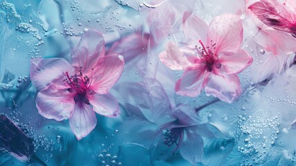 aquarel like abstract colored background texture of frozen flowers in milk, ice and water