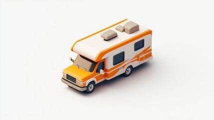 A vibrant orange and white camper van model, showcasing a compact design with a distinct roof and side features.