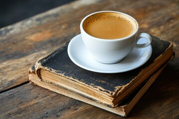 Morning coffee inviting tranquility on a stack of cherished books. Generative AI