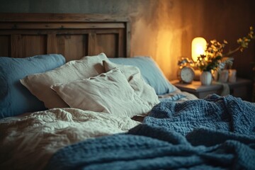Soft pillows and cozy blankets create a tranquil retreat in a beautiful bedroom. Generative AI