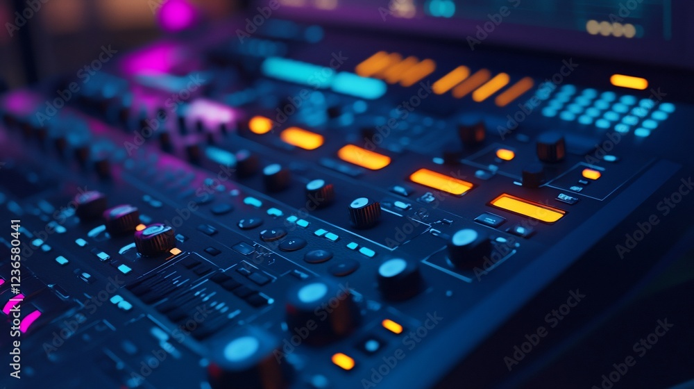 Poster close up view of a modern audio mixing console with glowing controls