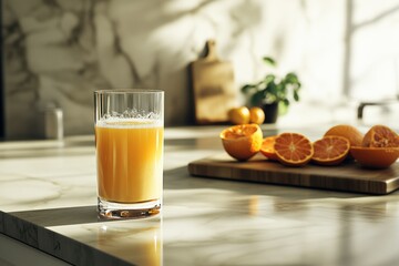 Freshly squeezed orange juice served in a bright kitchen with citrus fruits. Generative AI