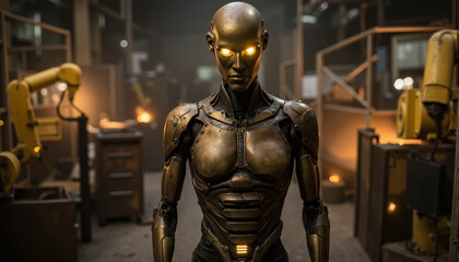  Futuristic robot in dark industrial setting with glowing eyes, intricate designs on body and chest plate.