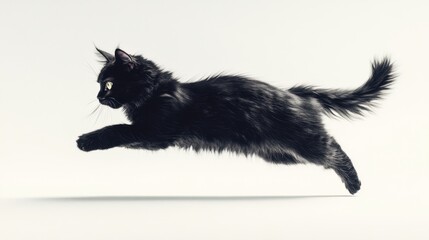 Fototapeta premium A sleek black cat leaps gracefully across a minimalist background, showcasing its agility and playful spirit.