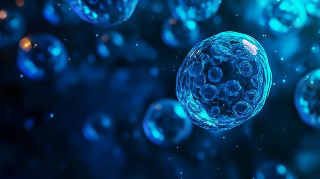 Exploring microscopic structures of glowing blue cells in a laboratory setting under scientific observation