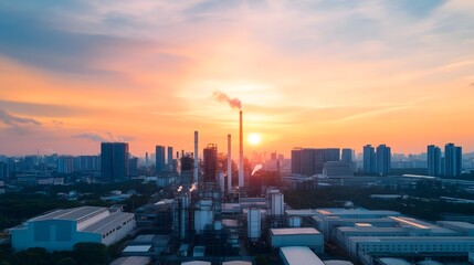Fototapeta premium Bustling Sustainable Industrial Park at Sunset with Modern Cityscape