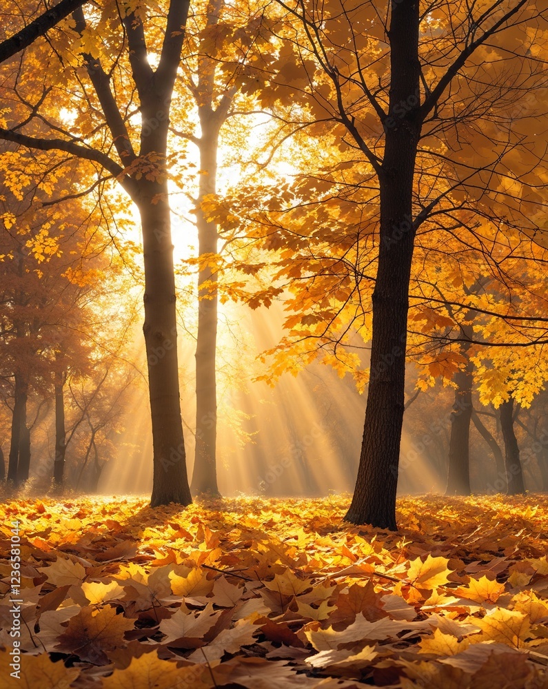 Poster amber yellow and light brown with delicate patterns of fallen leaves and light shifting through tree