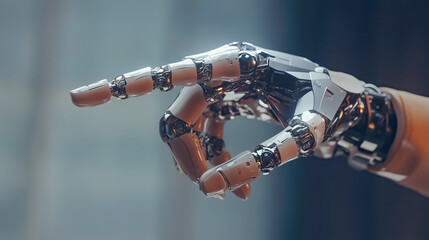 Mechanical hand gestures emphasizing robotic dexterity in a futuristic setting