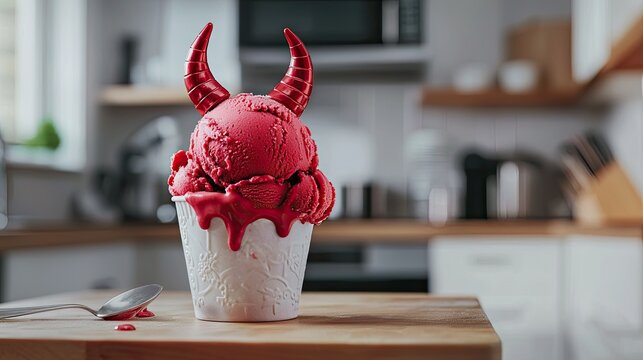 red sorft serve ice cream on kitchen couter top with red devil horns