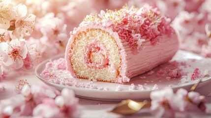 Sliced pink sakura cake roll, delicate sakura decorations, soft and fluffy texture, pastel tones, elegant presentation, detailed close-up, soft lighting, floral theme, food photography style.