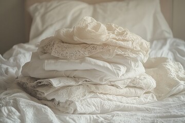 Obraz premium Neatly folded pile of freshly washed white clothes on a cozy bed. Generative AI