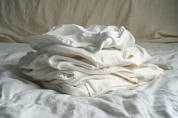 Neatly arranged pile of freshly washed white clothes on a soft bed. Generative AI