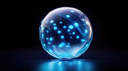 A digital sphere composed of luminous dots and lines, floating in space with a futuristic, high-tech look.