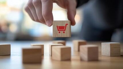 A hand places a wooden block with a shopping cart icon among other blocks, symbolizing e-commerce and online shopping.