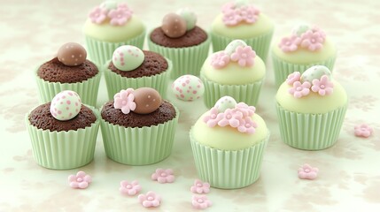 A variety of small Easter cakes, each topped with chocolate eggs and delicate icing flowers, on a light, airy surface.
