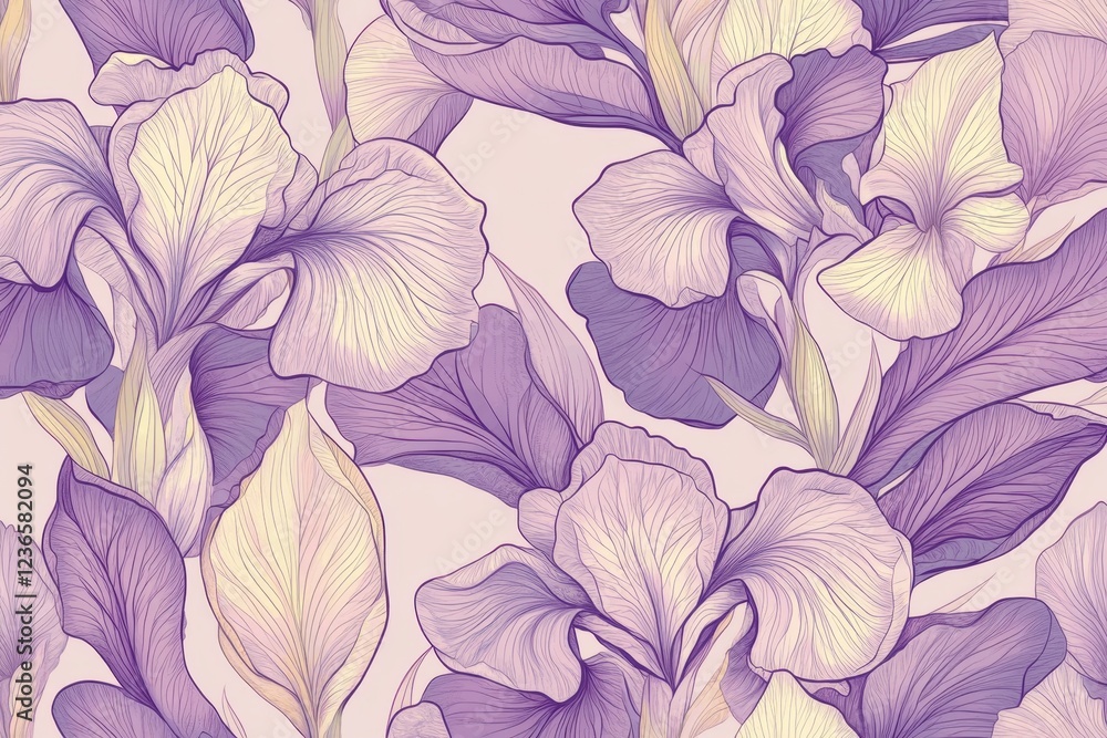 Poster colorful iris flower pattern showcasing soft purple hues in a delicate design ideal for fabric or wa