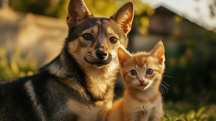 Close-up of a joyful cat kitten and a dog, captured during golden hour on a summer afternoon