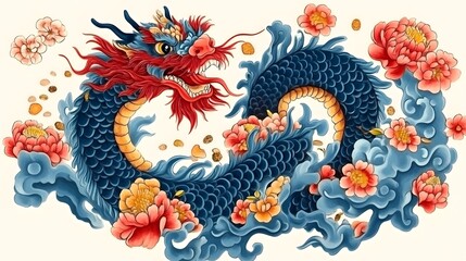 Colorful Chinese Dragon Amidst Floral Patterns and Oriental Motifs