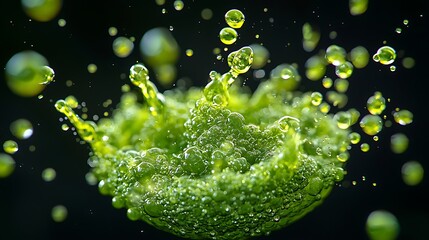 Green liquid splash explosion, dark background, vibrant color, food or drink advertisement.