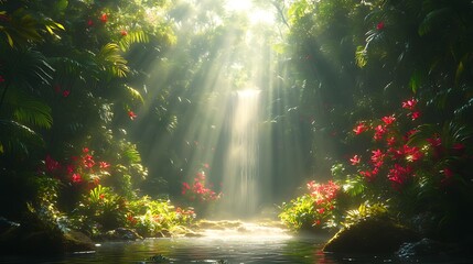 Obraz premium Sunbeams illuminate a hidden waterfall in a lush, vibrant rainforest.