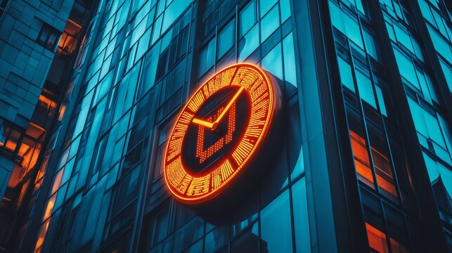 Neon Clock on Modern Glass Building at Night: Urban Timekeeping - Powered by Adobe