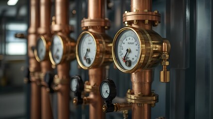 Fototapeta premium Intricate Metallic Pipe System with Gauges and Valves in Advanced Industrial Facility