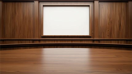 A polished wooden room featuring a blank projection screen, ideal for presentations or discussions in an elegant setting.