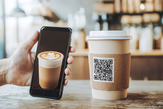 Hand holding phone showing latte  in cafe setting