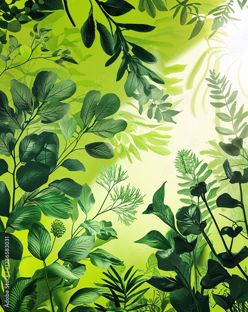 Poster bright lime green with abstract botanical patterns and light filtering through abstract summer conce