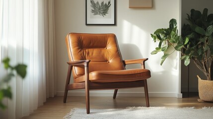 Relaxing brown leather armchair mid century modern style