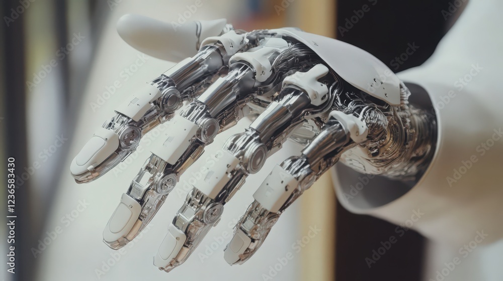 Poster close up shot of a robotic hand with visible metallic components and wires