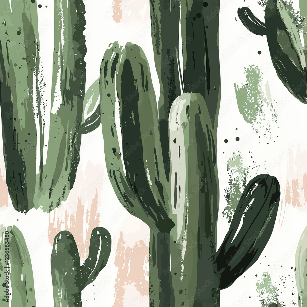 Poster abstract illustration of green cacti with a textured background in soft colors.