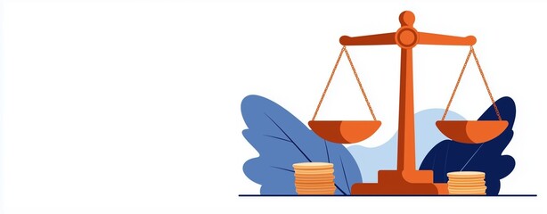 A balanced scale symbolizes justice and fairness, surrounded by abstract shapes and coins representing wealth or legal matters.
