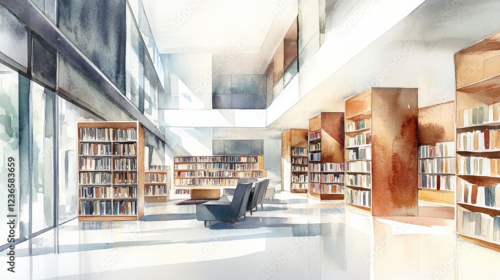 Poster contemporary watercolor capturing a modern minimalist library with spacious design and transparent e