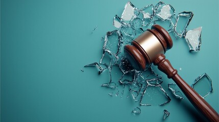 A gavel lies atop shattered glass pieces, symbolizing broken justice or legal disputes on a teal background.