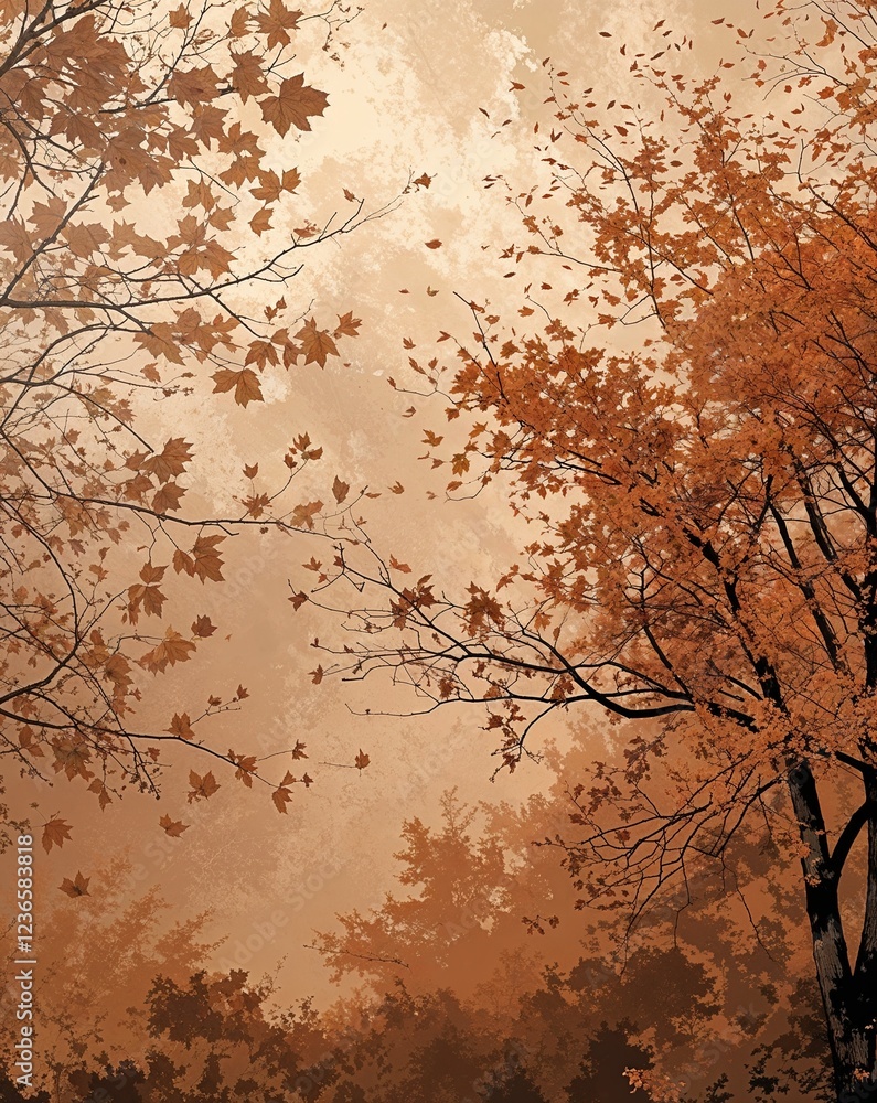 Poster dark amber and soft beige with subtle textures of trees shedding their leaves abstract autumn concep