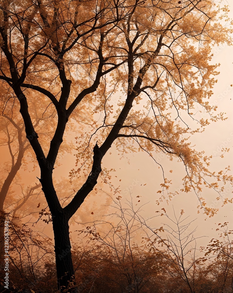 Poster dark amber and soft beige with subtle textures of trees shedding their leaves abstract autumn concep