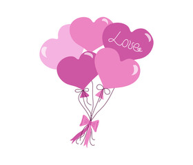 Flying heart shaped pink balloons. Inscription, word Love. Sky, clouds, bunch of balloons, bow. Festive design of postcard for wedding, birthday, Valentine's Day. Vector illustration.
