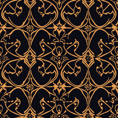 Ornate pattern featuring intricate designs in gold against a dark background.