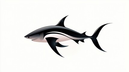 A minimalist black-and-white abstract shark design, focusing on sleek curves and angular lines to create a striking silhouette.