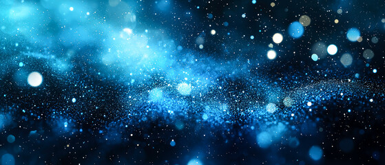 Fototapeta premium Blue shimmering lights, sparkling, bokeh, glowing on blurred neon background. Abstract sturdust background. Generative ai 