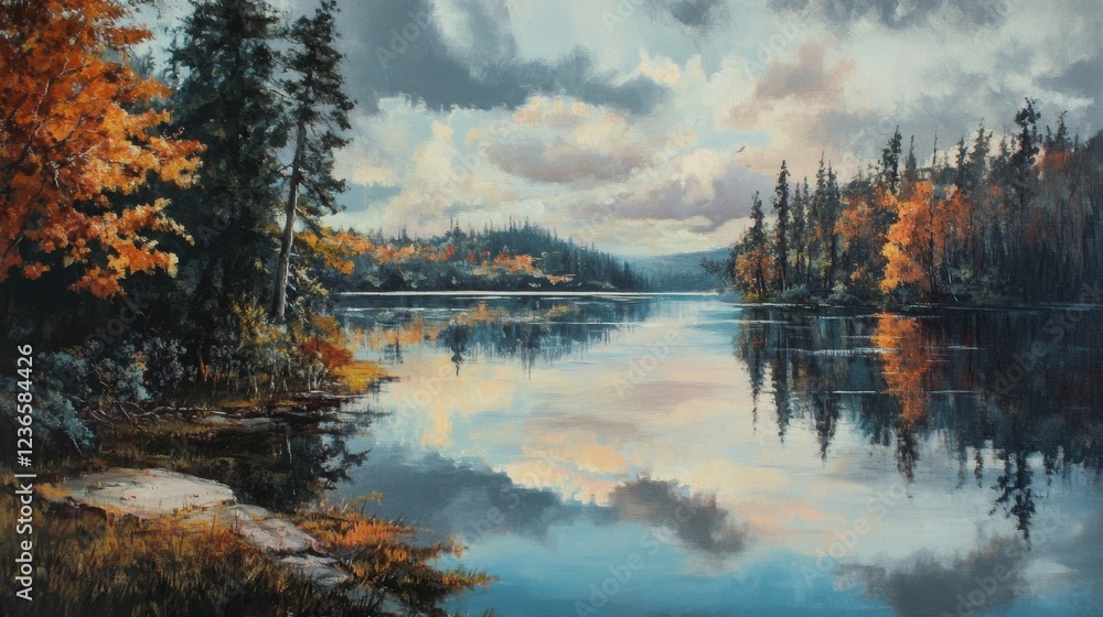 Aufkleber beautiful autumn landscape with colorful trees reflecting on calm lake surface during afternoon ligh