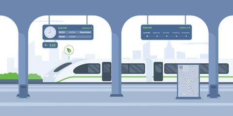 high-speed electric train on the Train station platform with schedules, and map; perfect for travel posters, transportation blogs, and urban life publications.