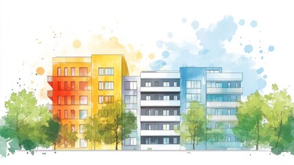 Modern apartment building illustrated in watercolor with soft gradients and clean lines surrounded by greenery and a transparent background