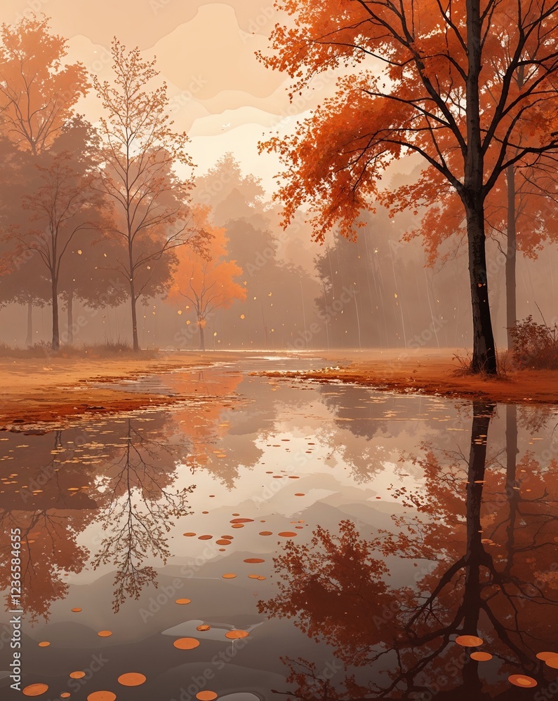 Poster dark orange and soft beige with gentle gradients and reflections from puddles of autumn rain abstrac