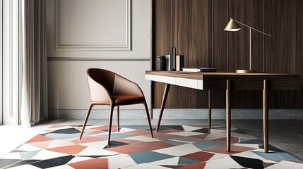 Modern Home Office Desk With Leather Chair And Geometric Rug
