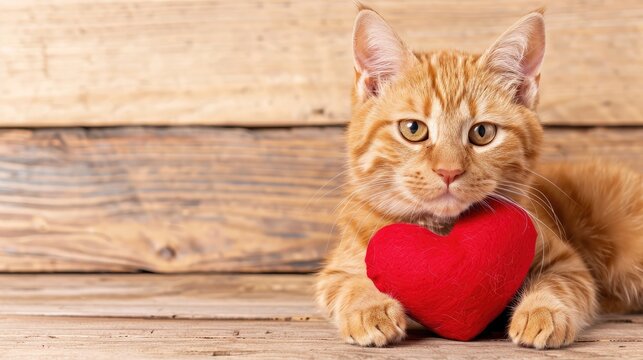 Ginger Cat With A Heart Prop On Wooden Background